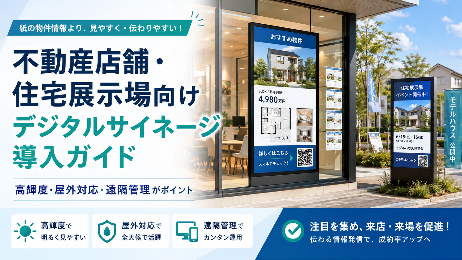 不動産店舗・住宅展示場向けデジタルサイネージ導入ガイド|集客効果を高める選び方と失敗しない運用のポイント